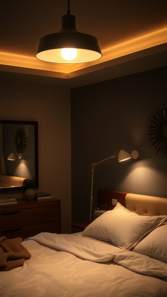 A cozy bedroom with layered lighting, featuring a pendant light and bedside lamp.