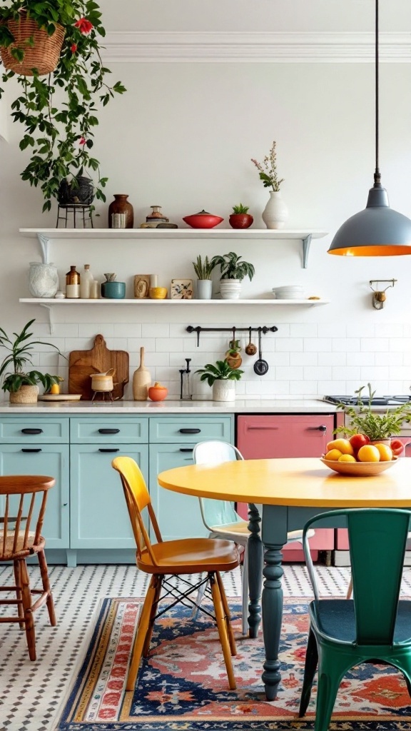 A colorful kitchen featuring a mix of furniture styles, including a vibrant yellow table and eclectic chairs, showcasing maximalist decor.