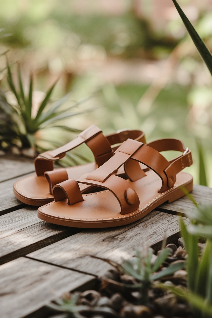 A pair of brown sandals with unique straps placed on a wooden surface surrounded by greenery.