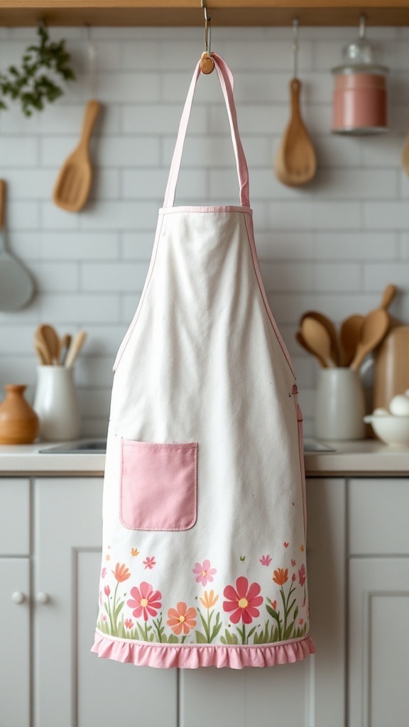 A floral Easter-themed apron hanging in a kitchen