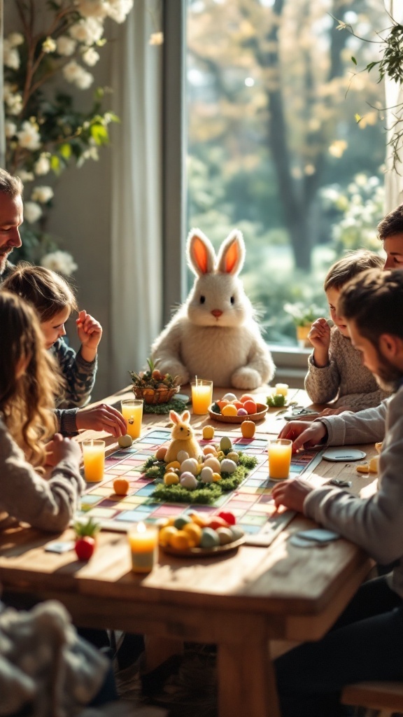 A cozy gathering around a table with people playing board games, featuring an Easter bunny mascot and colorful decorations.