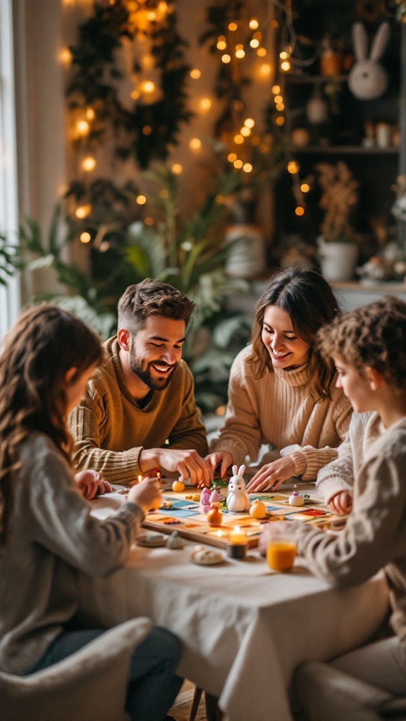 A group of friends enjoying a board game around a table, decorated for Easter with lights and plants.