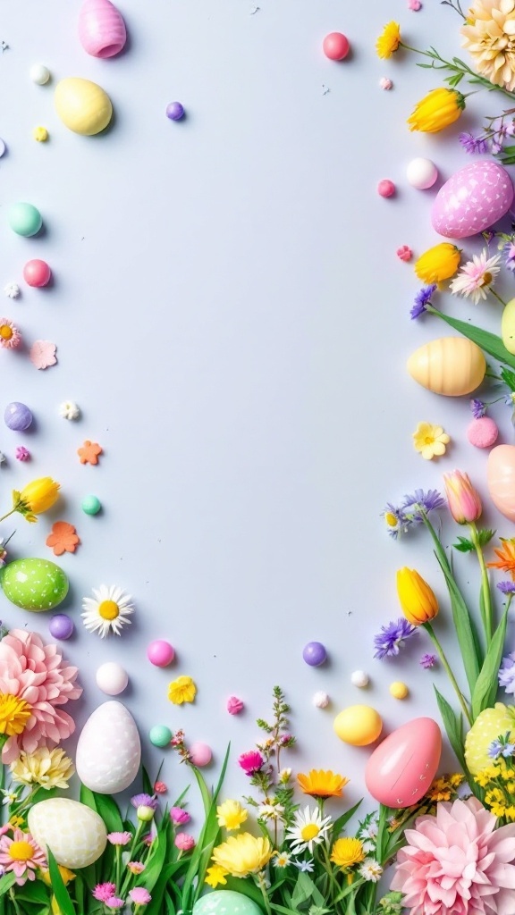 Colorful Easter eggs and flowers arranged on a light background.