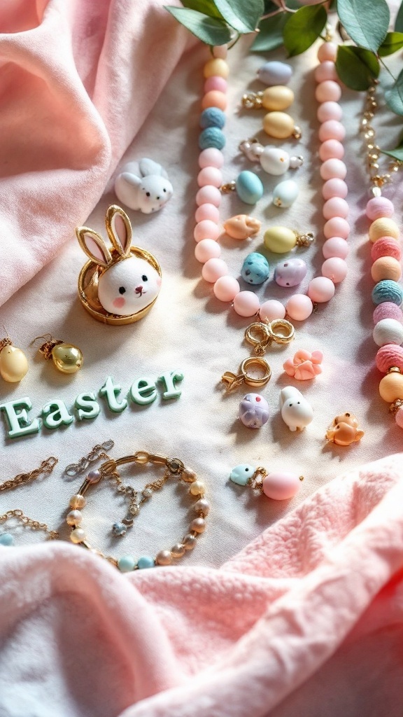 A colorful assortment of Easter-themed jewelry, including bunny rings, pastel necklaces, and cute charms.