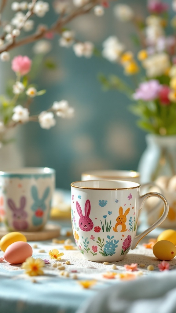 Easter-themed mugs with bunnies and flowers, surrounded by Easter eggs and flowers