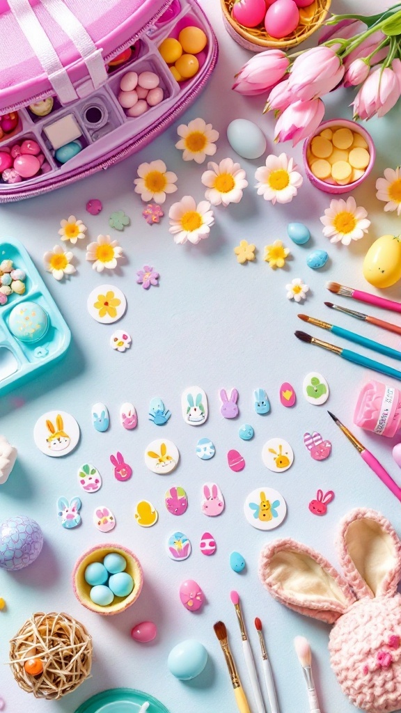 An Easter-themed nail art setup with colorful eggs, flowers, and bunny decorations.