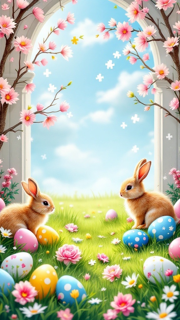 An illustration of two bunnies in a field with colorful Easter eggs and flowers, featuring a bright blue sky.