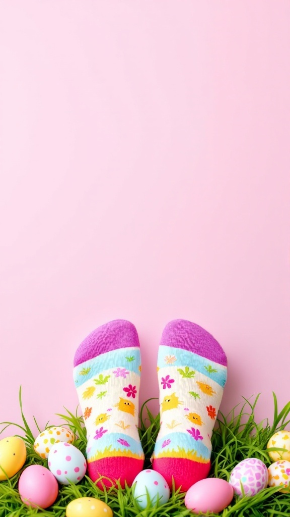 Colorful Easter-themed socks with chicks and flowers surrounded by Easter eggs