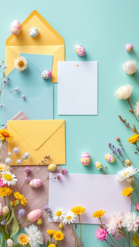 Colorful Easter-themed stationery set with envelopes, eggs, and flowers