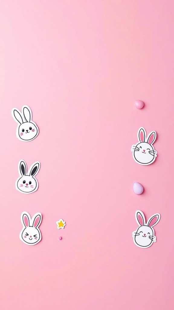 A collection of cute bunny-themed temporary tattoos arranged on a pink background.