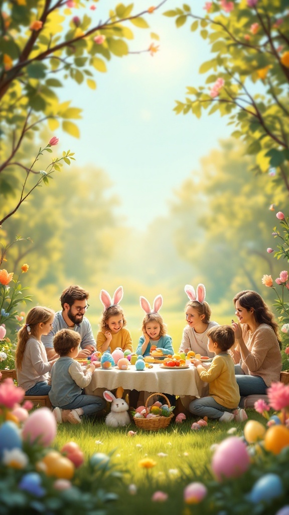 Families playing an Easter Bingo game outdoors, surrounded by colorful flowers and Easter decorations.