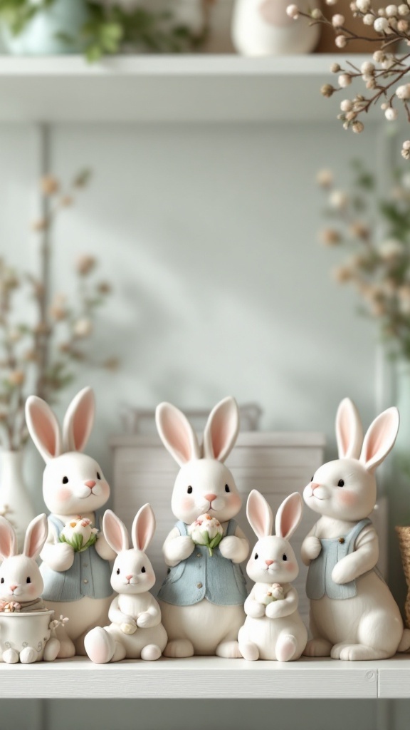 A collection of Easter Bunny figurines in soft pastels, displayed on a shelf with floral accents.