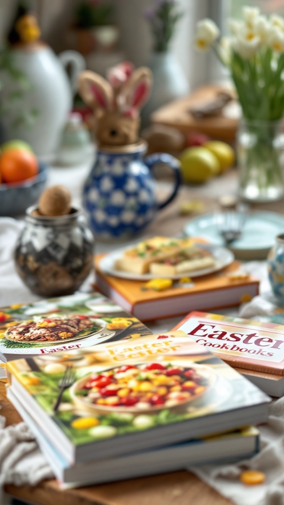 A collection of Easter cookbooks displayed on a table, surrounded by festive decorations and ingredients.