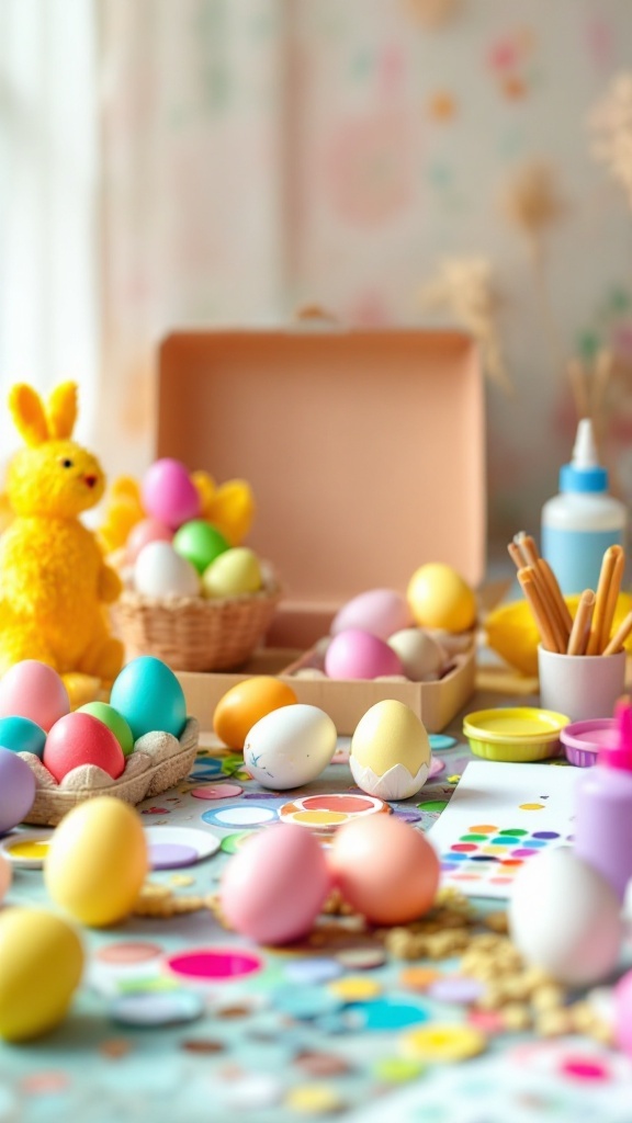 Colorful Easter egg decorating setup with eggs, tools, and decorations.