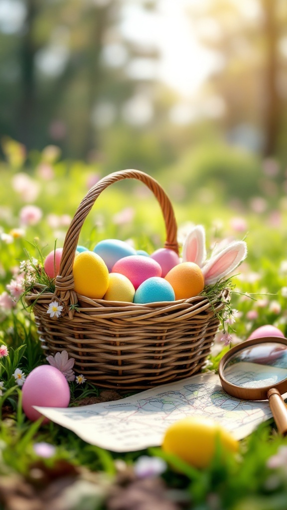 A basket filled with colorful Easter eggs surrounded by flowers, along with a map and magnifying glass.