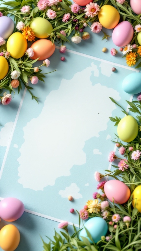 Colorful Easter eggs and flowers arranged around a blank map