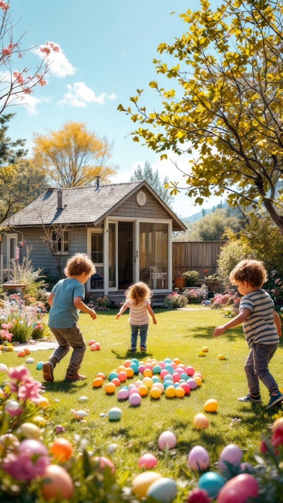 Children playing in a garden filled with colorful Easter eggs.