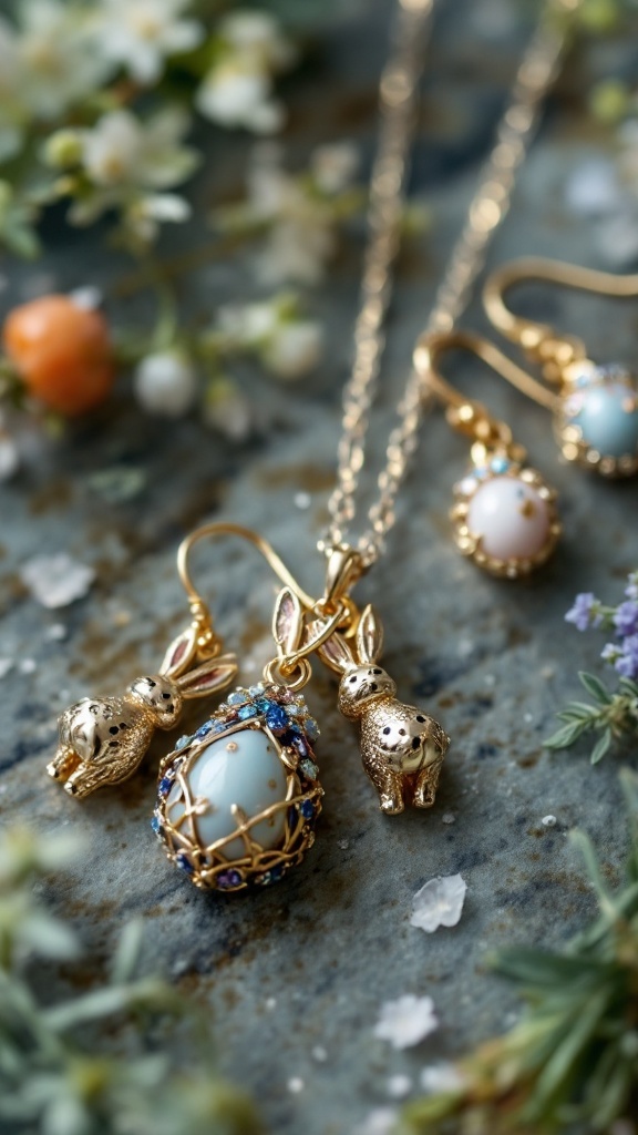 A collection of Easter-themed jewelry featuring bunny and egg designs, surrounded by flowers and colored eggs.