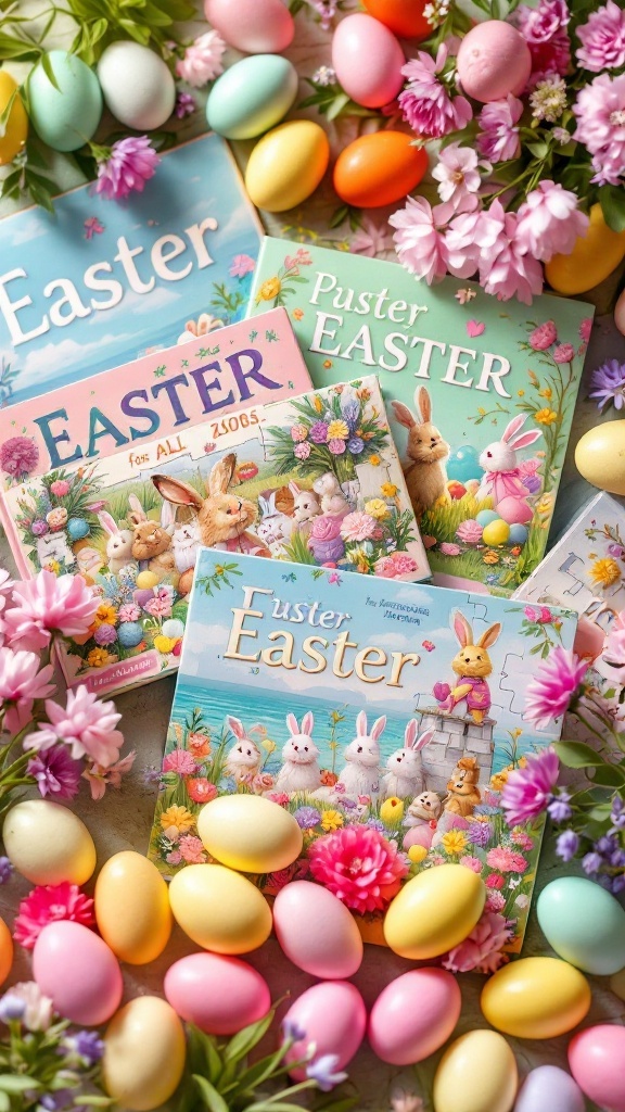 Colorful Easter puzzle books surrounded by pastel eggs and flowers