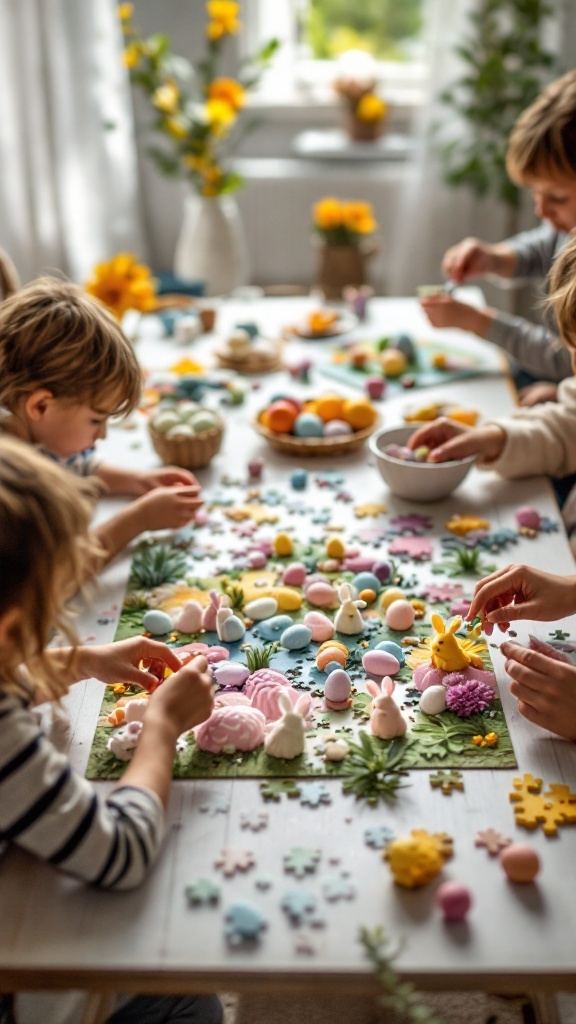 Children assembling a colorful Easter-themed puzzle with decorations around them.