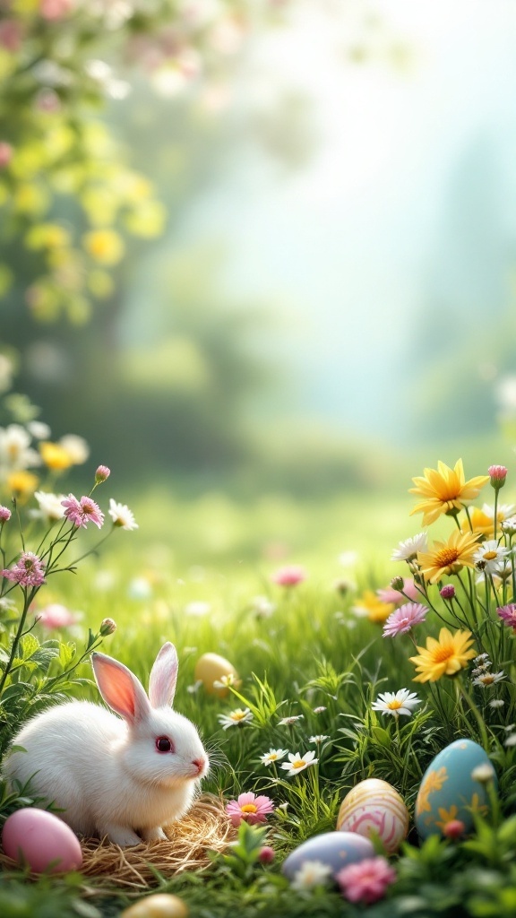 A serene Easter scene featuring a white bunny among colorful flowers and decorated eggs.