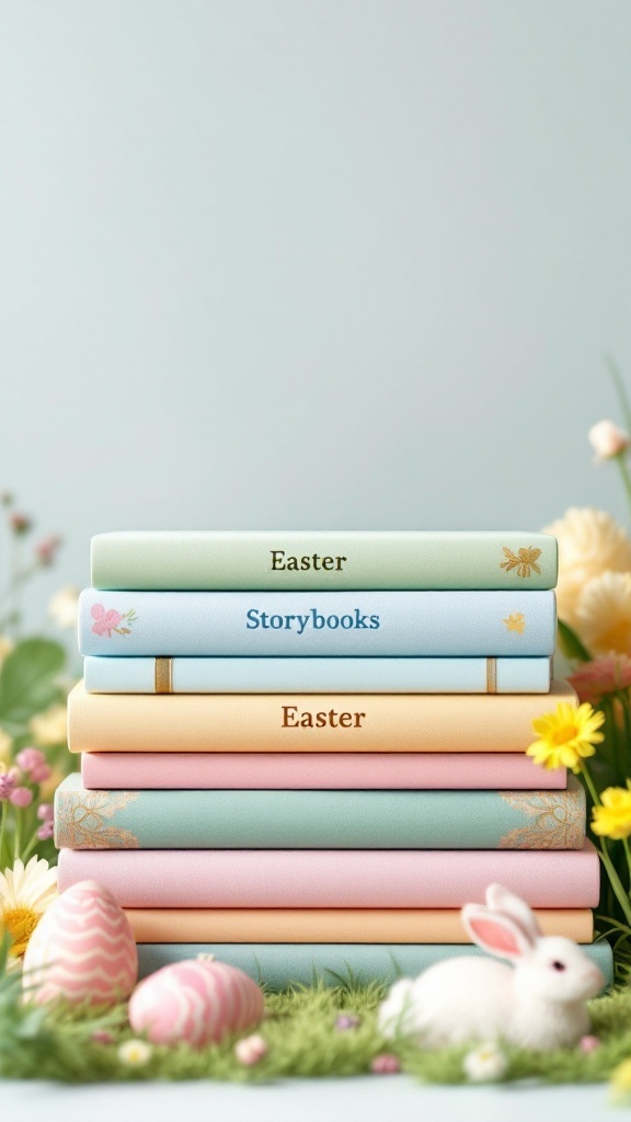 A stack of colorful Easter storybooks with decorative designs, surrounded by Easter eggs and flowers.