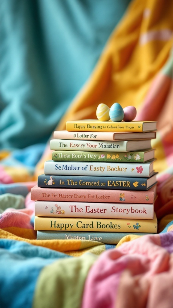 A colorful stack of Easter storybooks for kids with pastel-colored eggs.