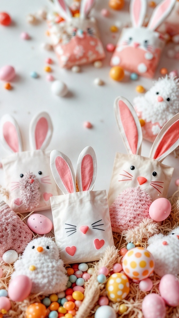 Easter treat bags in the shape of bunnies and chicks surrounded by colorful candies and eggs.