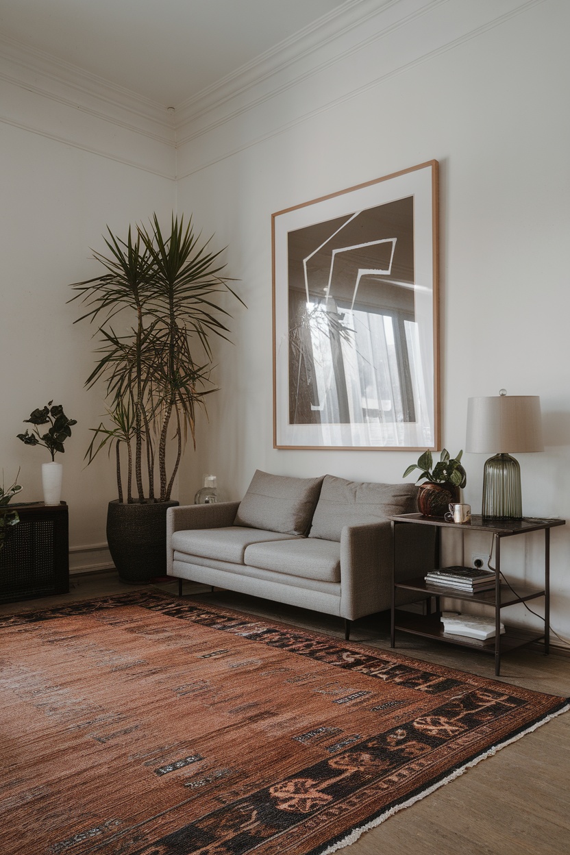 A cozy living space featuring a gray sofa, patterned rug, plants, and minimalist artwork.