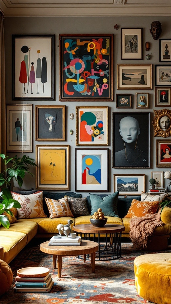 An eclectic art display in a maximalist living room featuring a variety of framed artwork and decorative pieces.