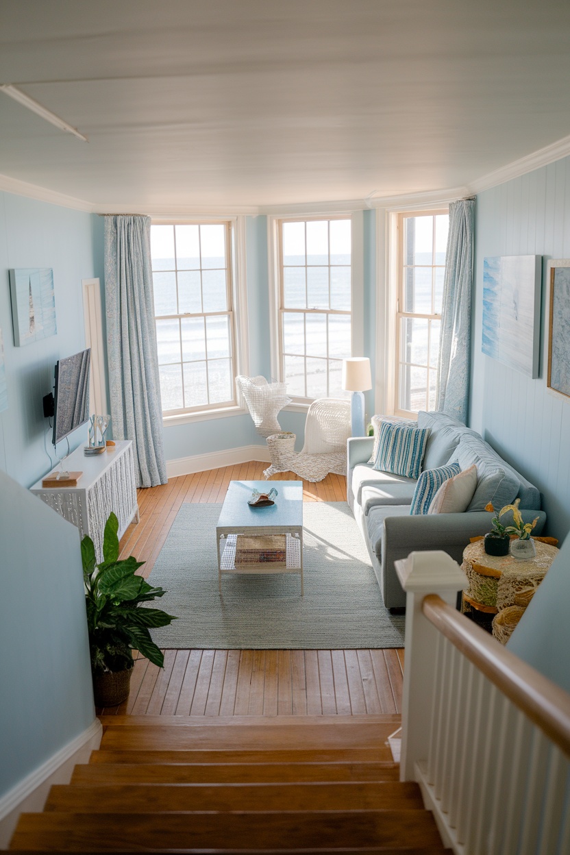 A coastal living room with blue walls, large windows, a couch with striped pillows, and a view of the ocean.