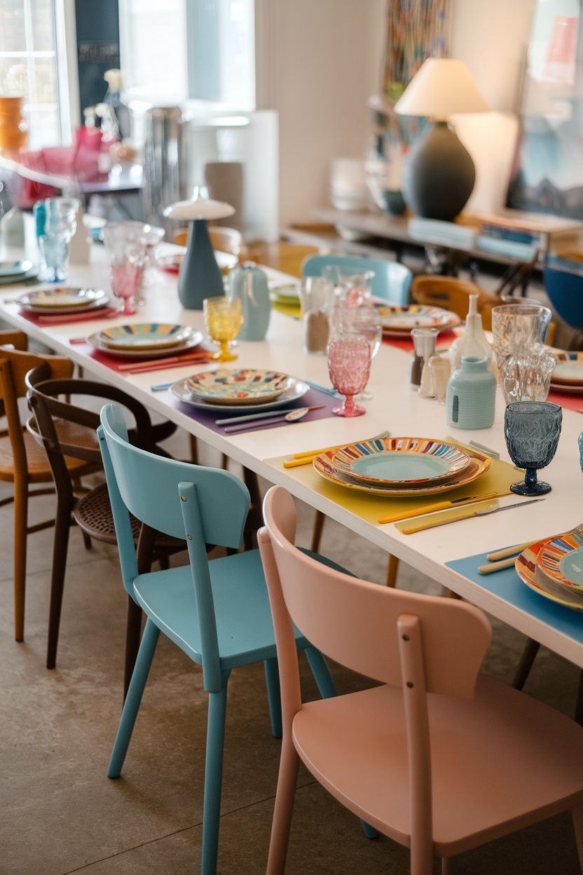 Eclectic dining room setup with colorful chairs and a long table set with plates and glasses.