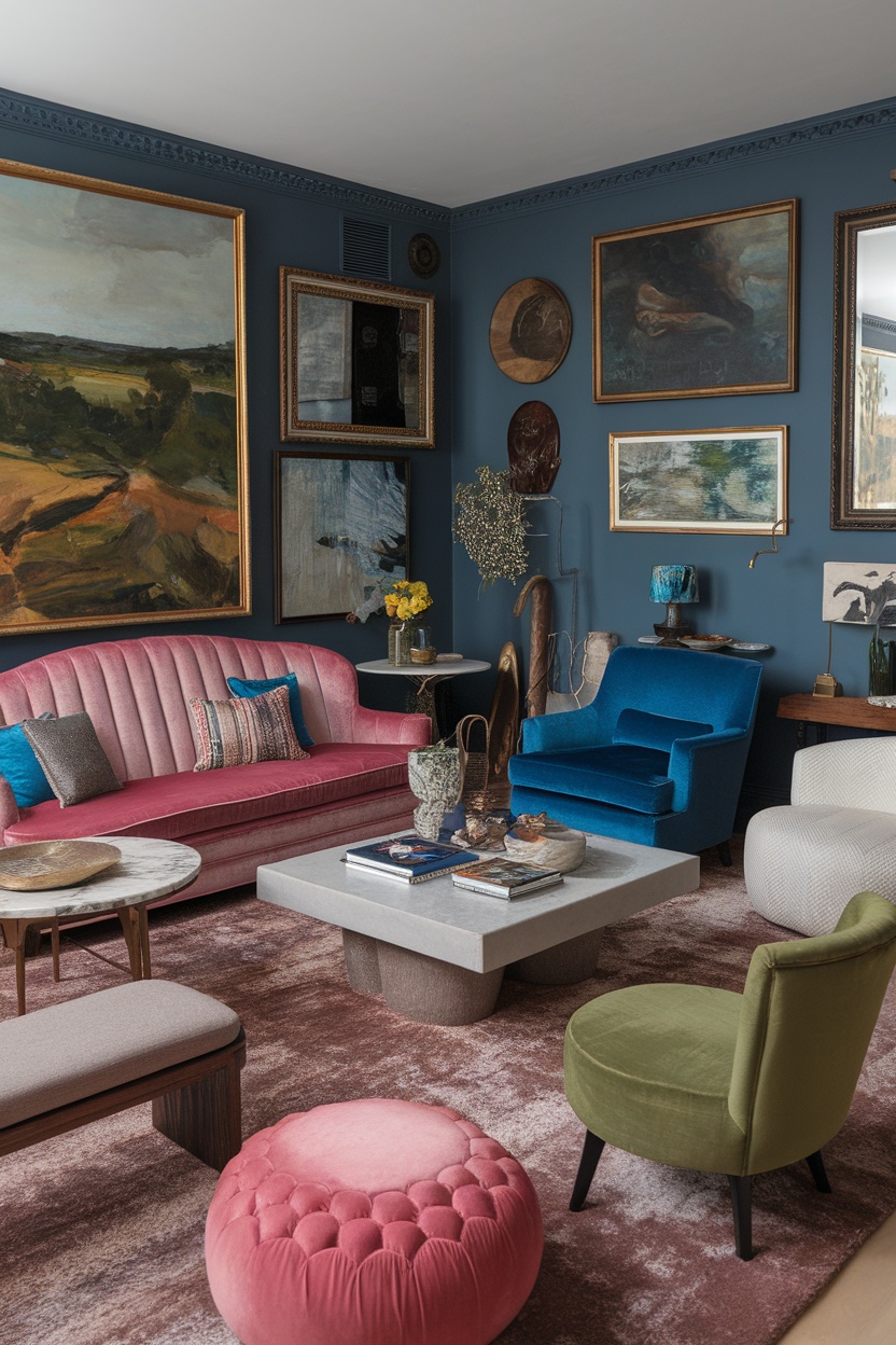 A living room featuring eclectic furniture with a pink sofa, blue chair, and various decorative elements.