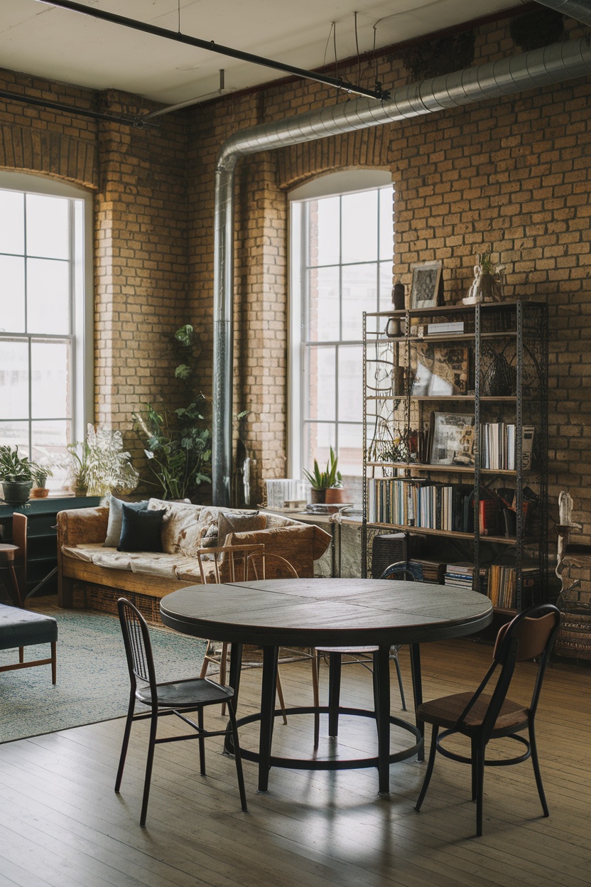 Cozy industrial chic apartment with exposed brick walls, large windows, and eclectic furniture.