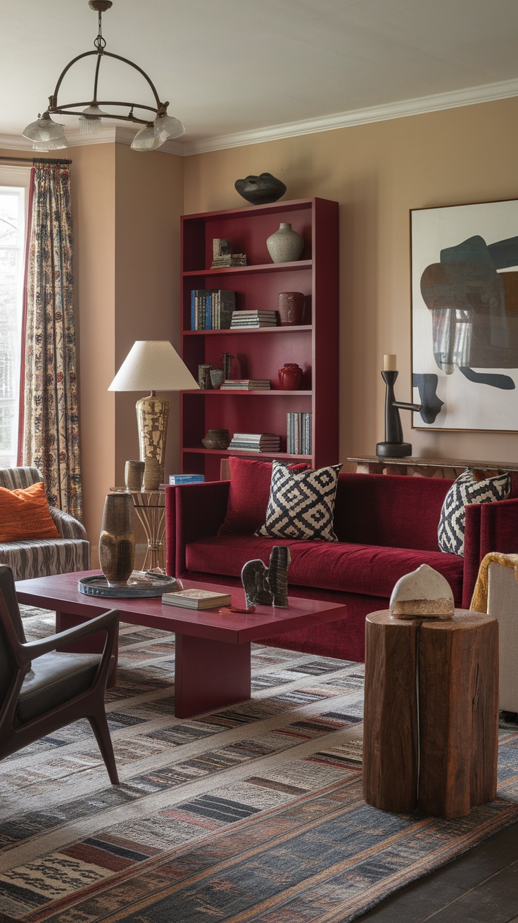 Eclectic living room with dark cherry red sofa, matching bookshelf, and mixed decor elements.