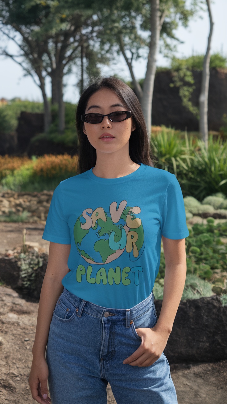 A woman in a blue t-shirt with 'SAVE OUR PLANET' graphic, wearing sunglasses in a green outdoor setting.