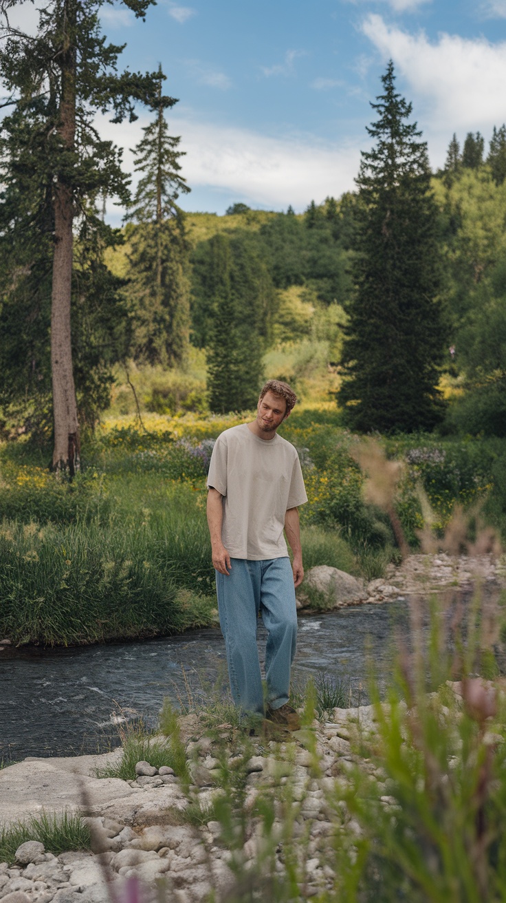 A man wearing a baggy outfit standing by a stream in a green landscape.