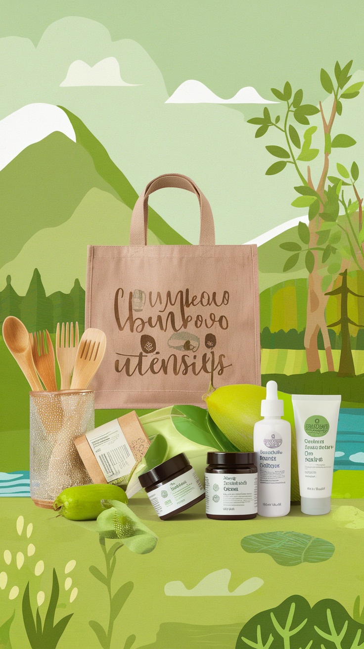 An eco-friendly product display including bamboo utensils, natural beauty products, and a reusable bag.