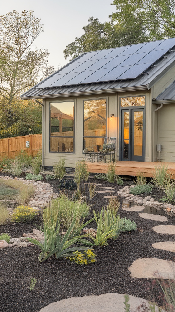 A modern home with solar panels and eco-friendly landscaping
