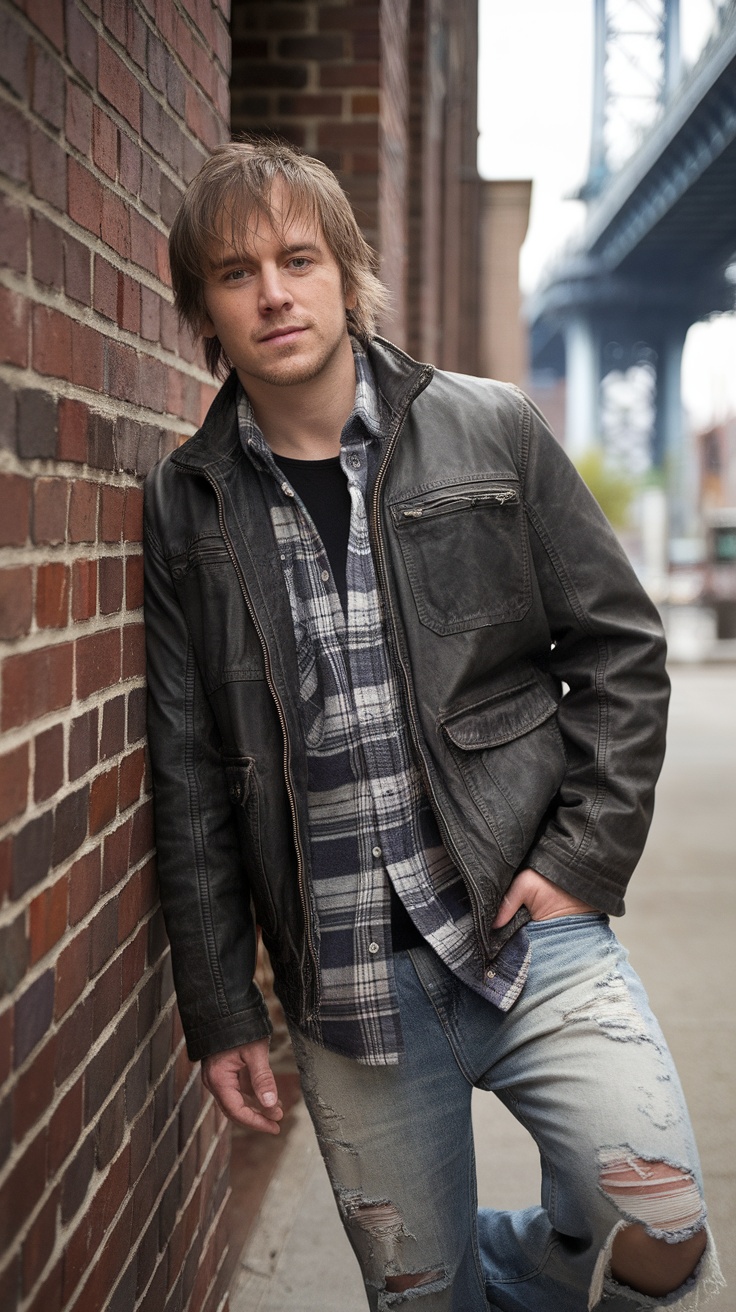 A man leaning against a brick wall wearing a leather jacket over a plaid shirt and distressed baggy jeans.