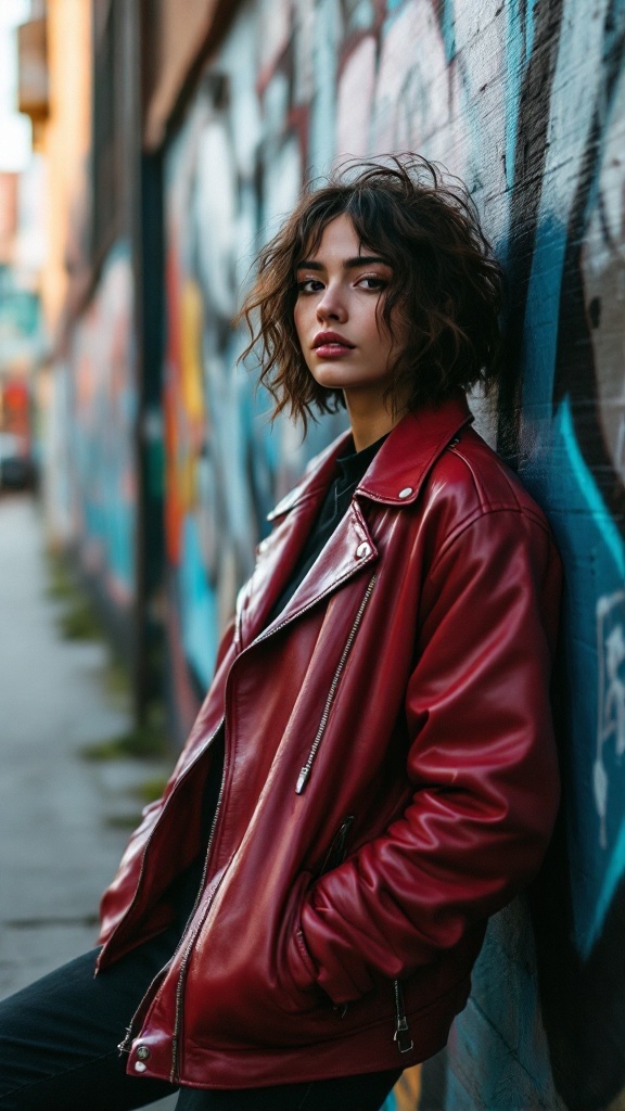 A stylish person wearing a cherry red leather jacket against a colorful urban backdrop.