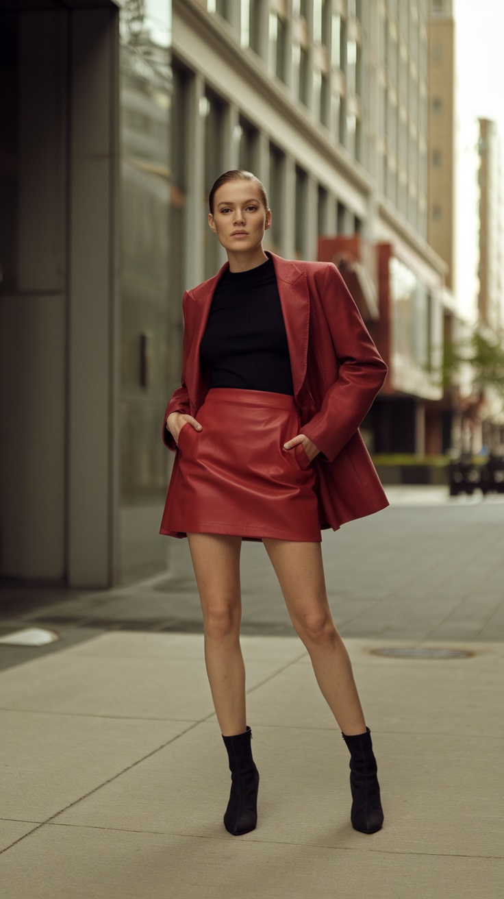 A woman in a cherry red mini skirt and black top, posing confidently in an urban setting.