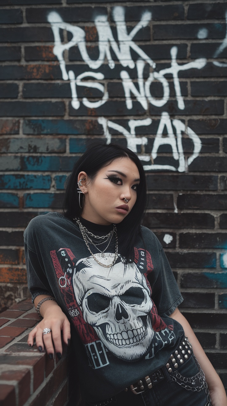 A model wearing a skull graphic t-shirt with layered chains and earrings against a graffiti wall.