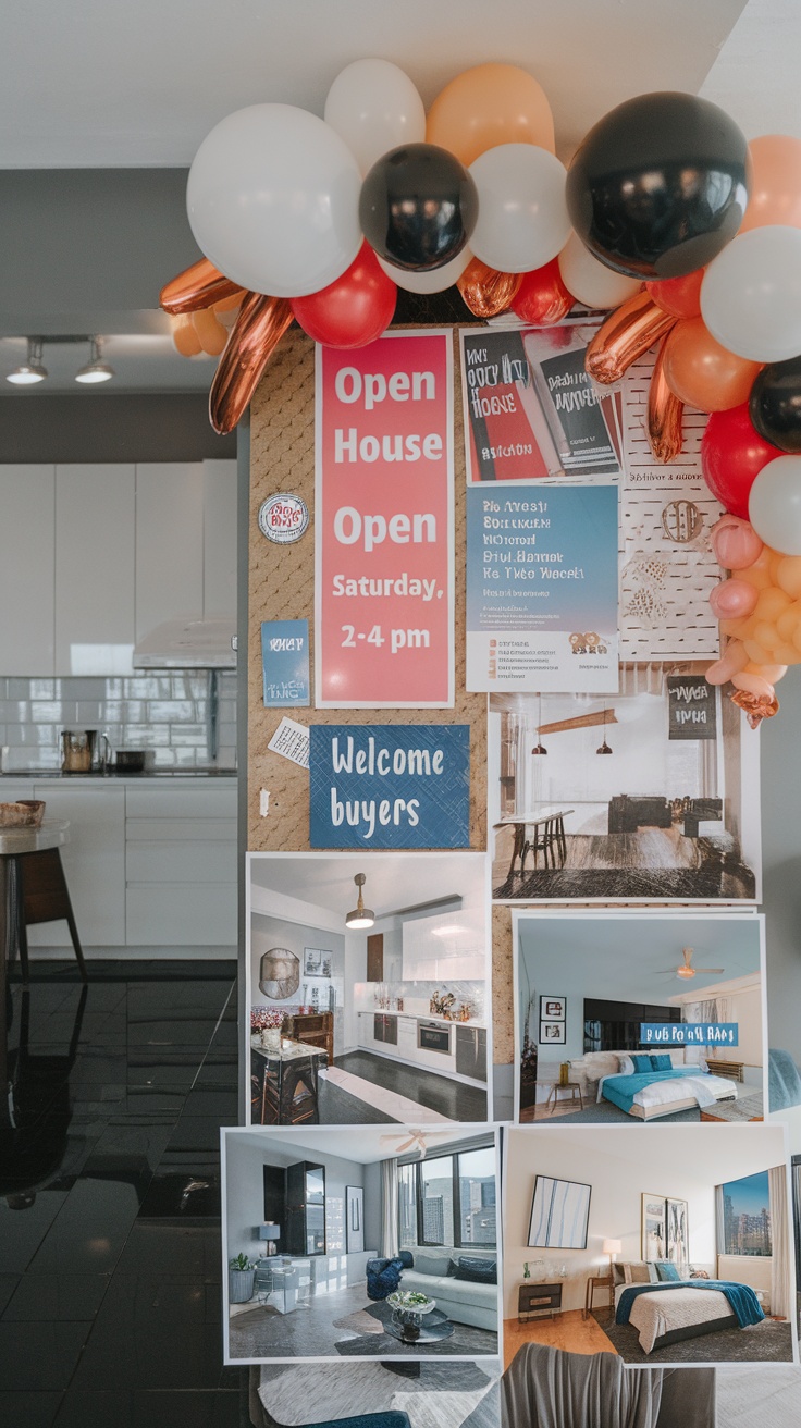 A collection of property marketing materials, including flyers and posters, displayed on a wall.