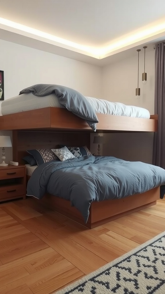 A bedroom with a lofted bed and a lower bed, showcasing effective space utilization under the bed.