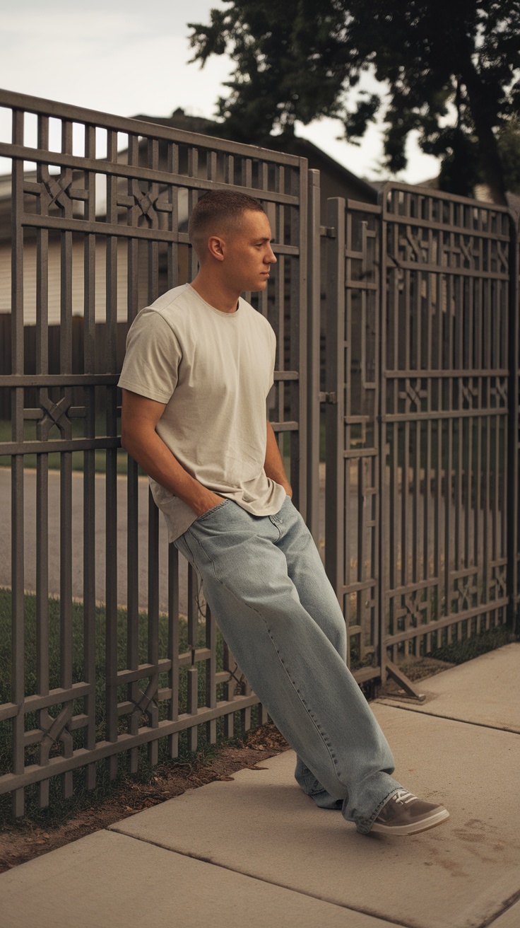 A man in a light t-shirt and blue baggy jeans leaning against a metal fence.