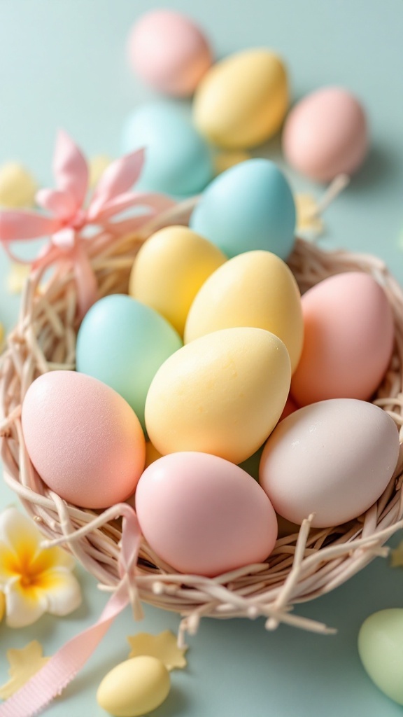 A basket filled with colorful egg-shaped soap bars in pastel colors.