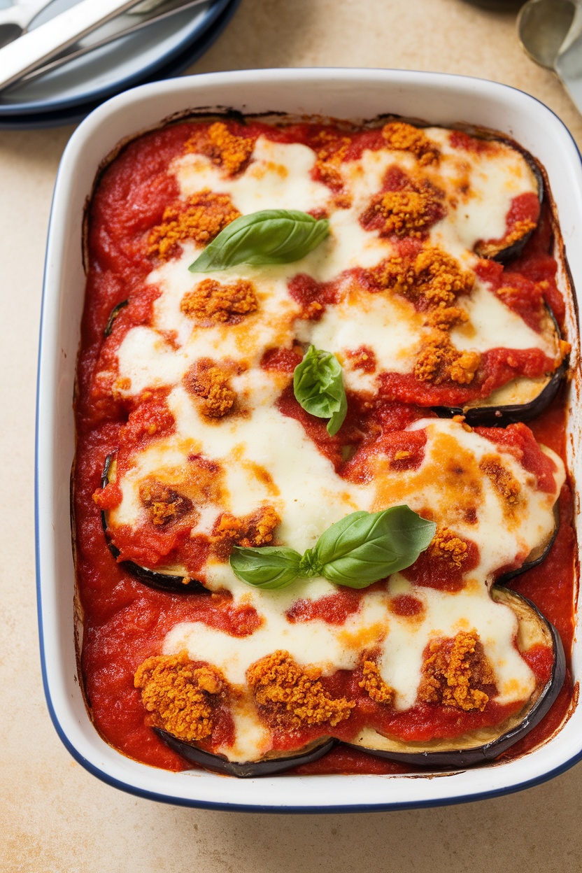 A delicious Eggplant Parmesan Bake topped with melted cheese and fresh basil