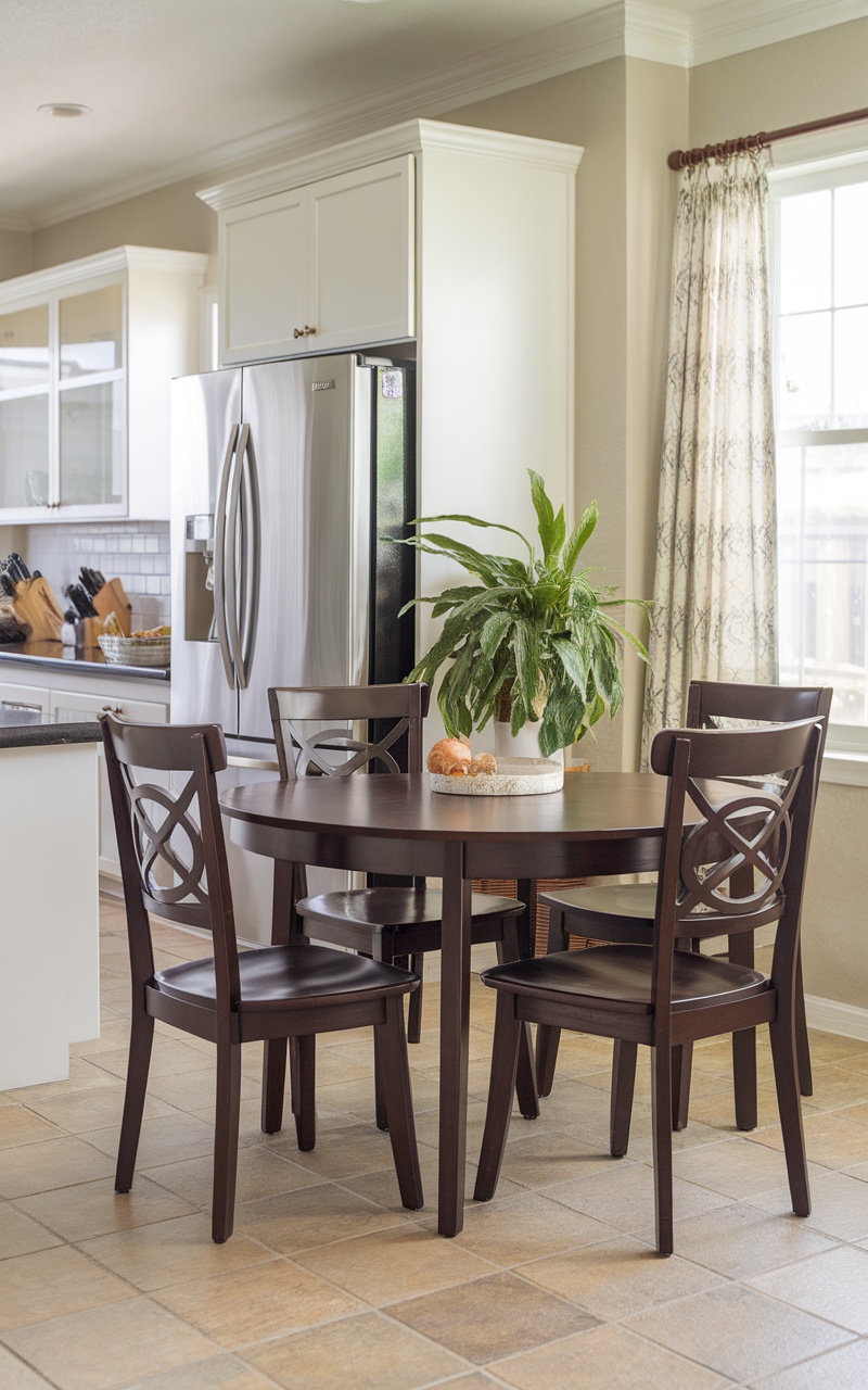 A cozy dining area with a round cherry wood table, matching chairs, and a potted plant, set in a bright kitchen.