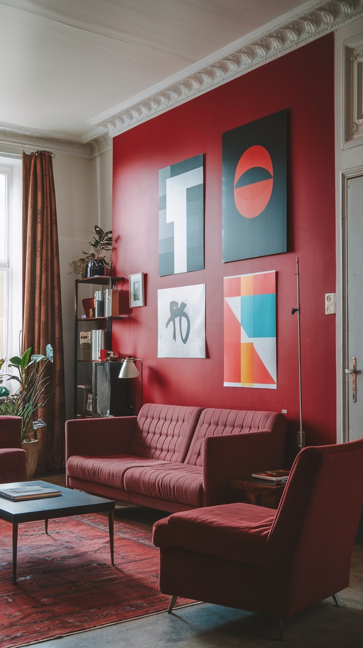 Living room with cherry red accent wall, red sofa, and modern artwork.